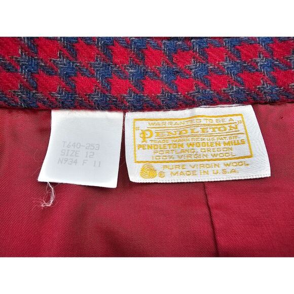 Vtg Pendleton Women's 12 Virgin Wool Red & Blue Houndstooth Jacket & Skirt Set - Picture 9 of 15